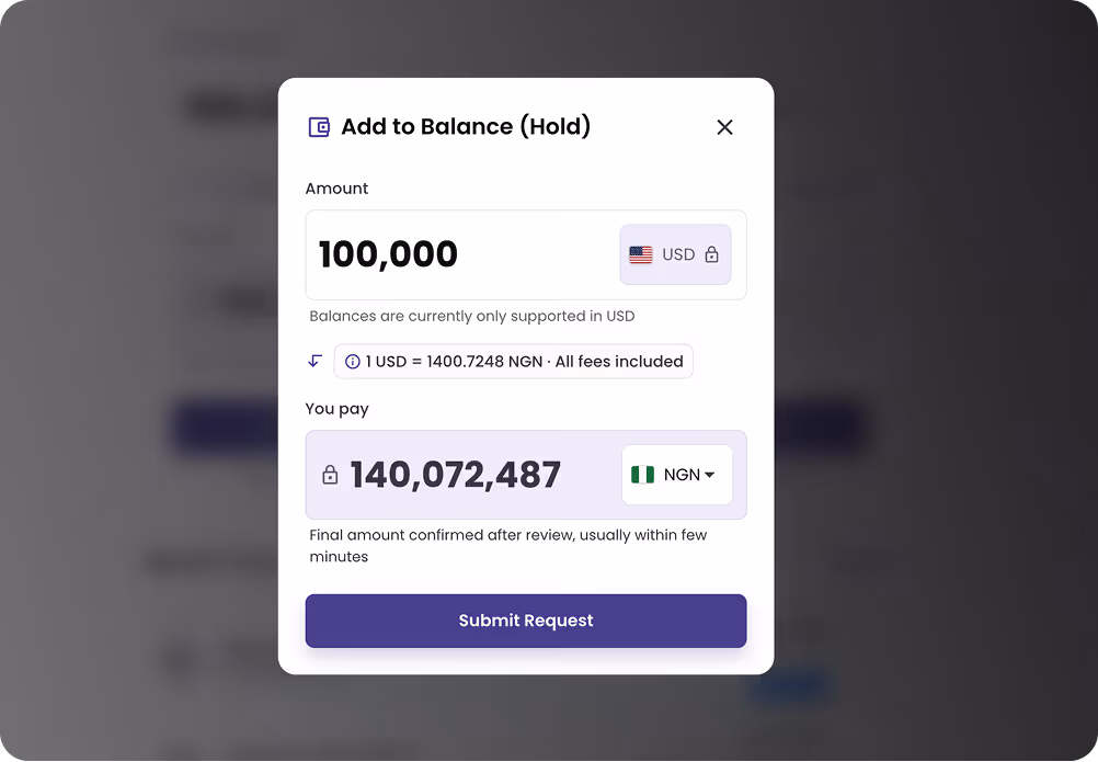 Currency exchange form converting 100,000 USD to 140,072,487 NGN with submit request button.