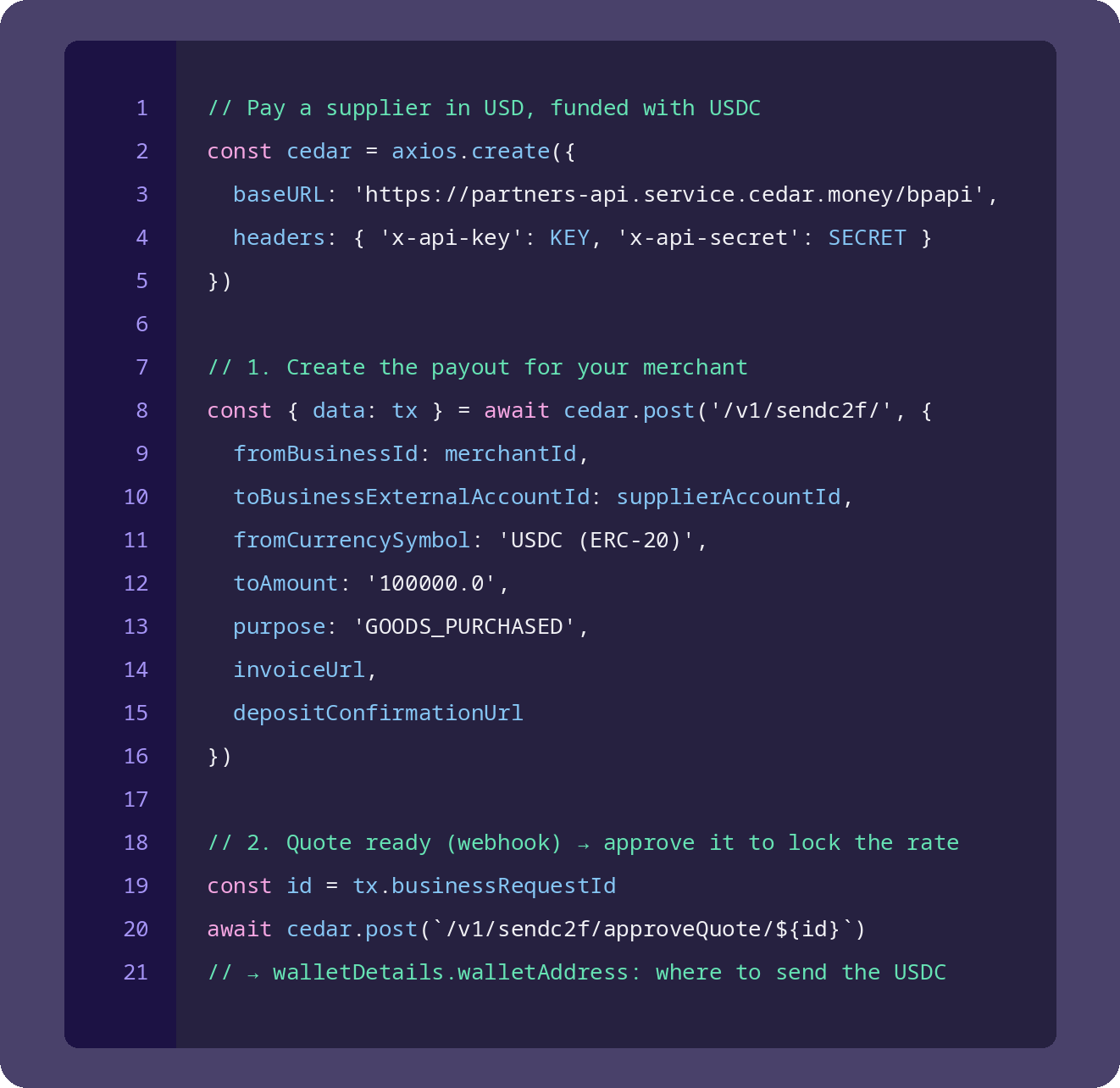 JavaScript example using the Cedar Partners API: create a USDC-funded payout to a supplier's USD bank account with POST /v1/sendc2f/, then approve the quote to lock the rate and receive the deposit wallet address.