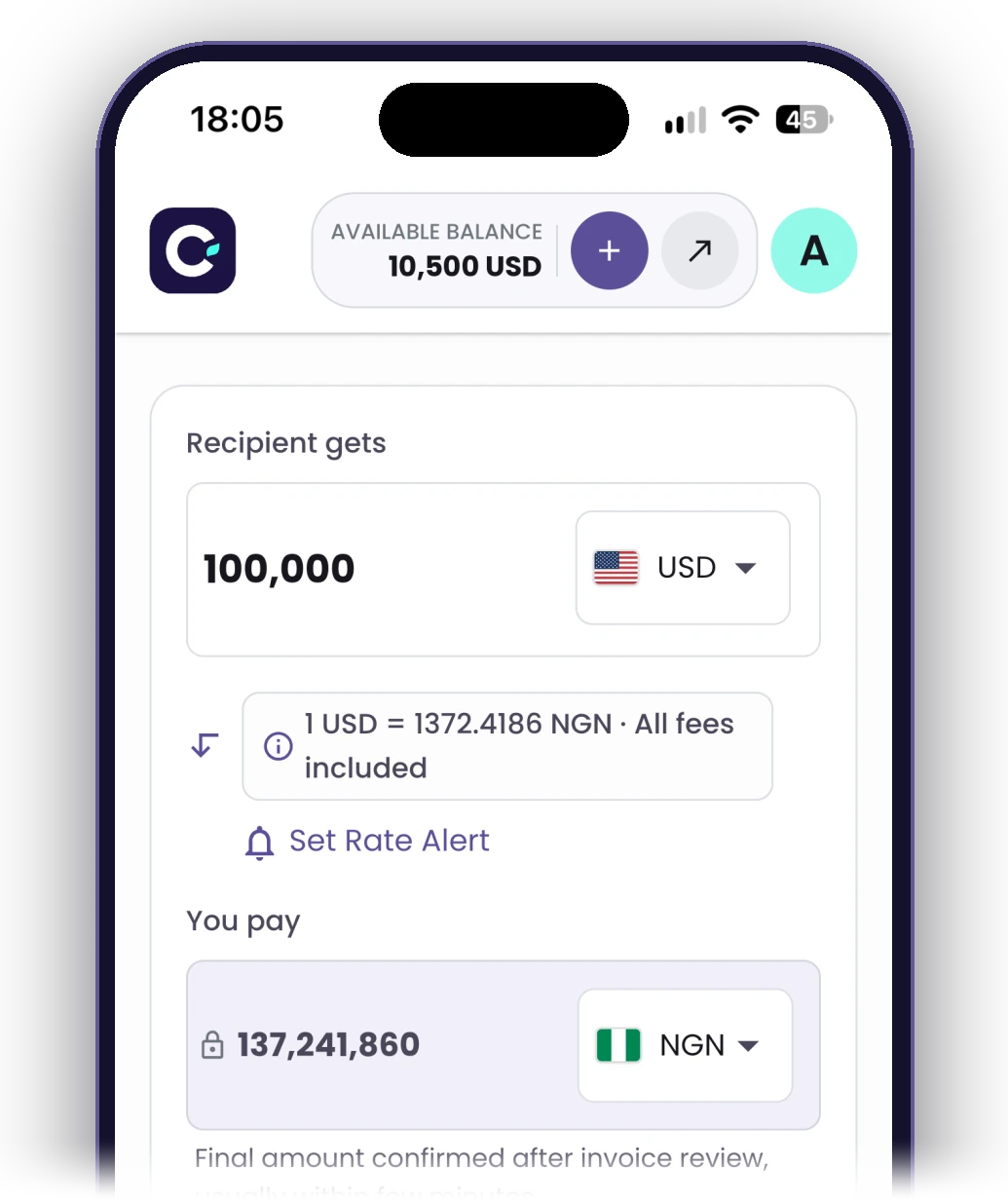 Cedar app Send screen: the recipient gets 100,000 USD, 1 USD = 1,372.42 NGN with all fees included, you pay 137,241,860 NGN