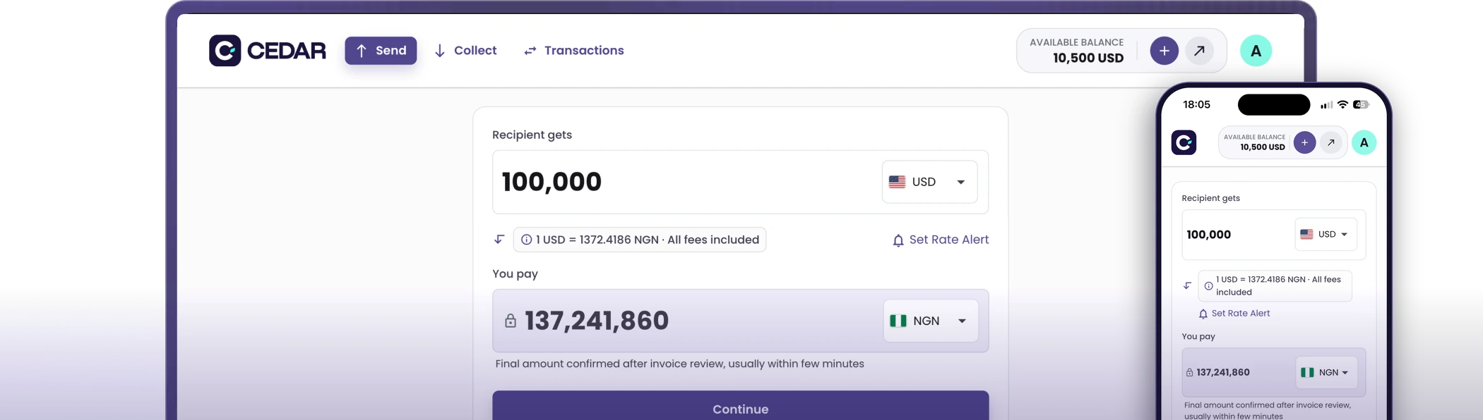 Cedar app Send screen on a laptop and a phone: the recipient gets 100,000 USD, 1 USD = 1,372.42 NGN with all fees included, you pay 137,241,860 NGN