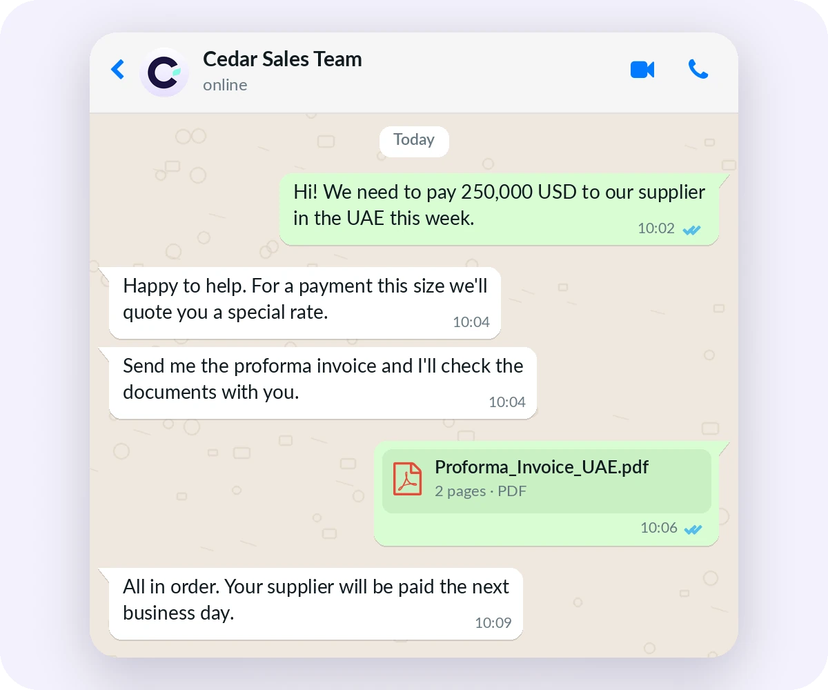 Chat with the Cedar Sales Team: a customer needs to pay 250,000 USD to a supplier in the UAE, Cedar offers a special rate, checks the proforma invoice, and confirms the supplier will be paid the next business day