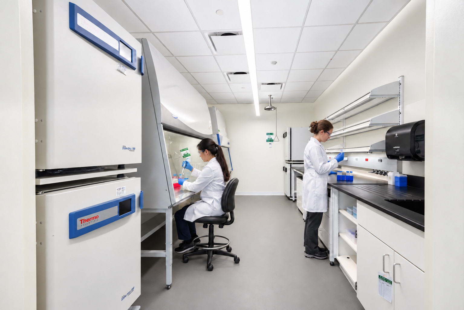 Modern biotech coworking event space used for networking and community gatherings at Hatch.Bio Labs