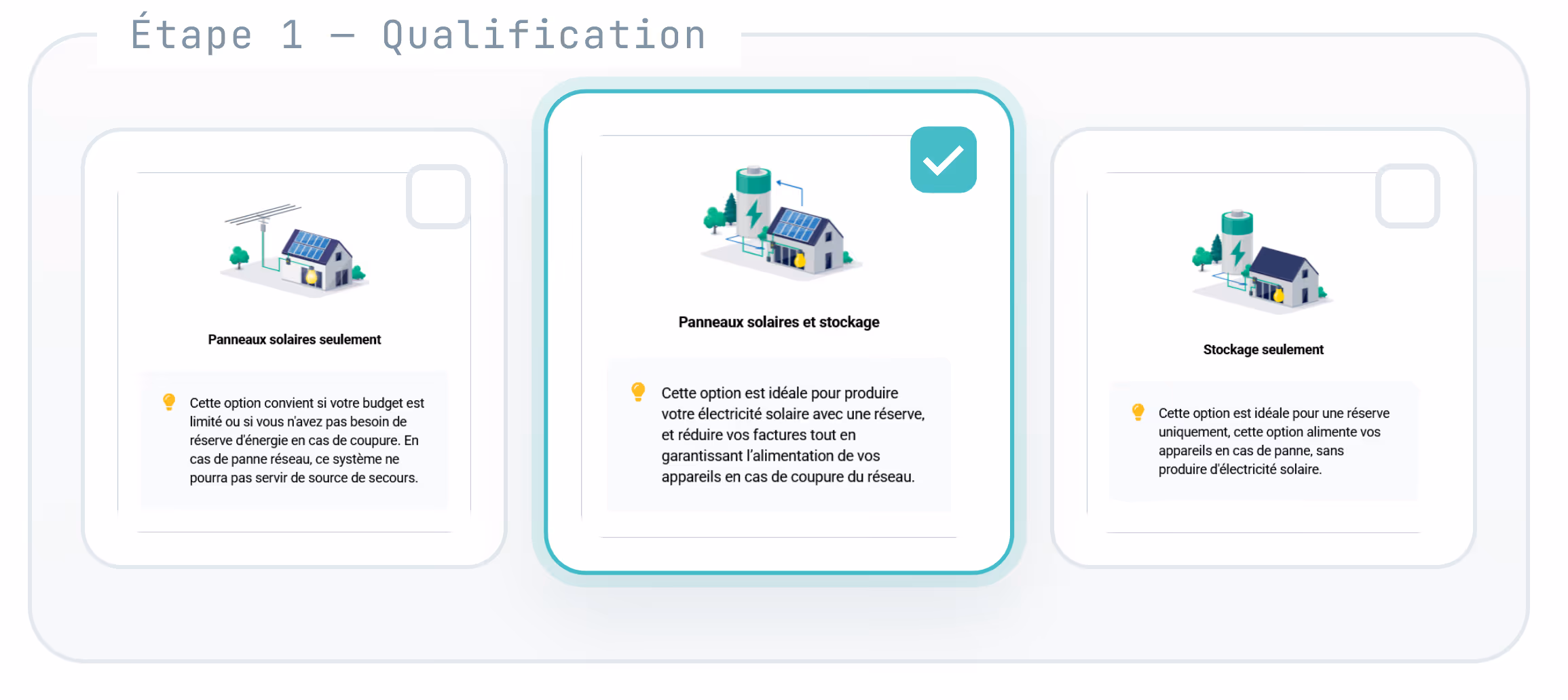 Step 1 — Project qualification: panels only, panels plus storage, or storage only