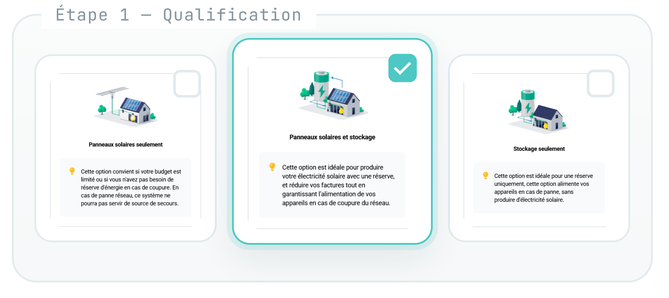Step 1 — Project qualification: panels only, panels plus storage, or storage only