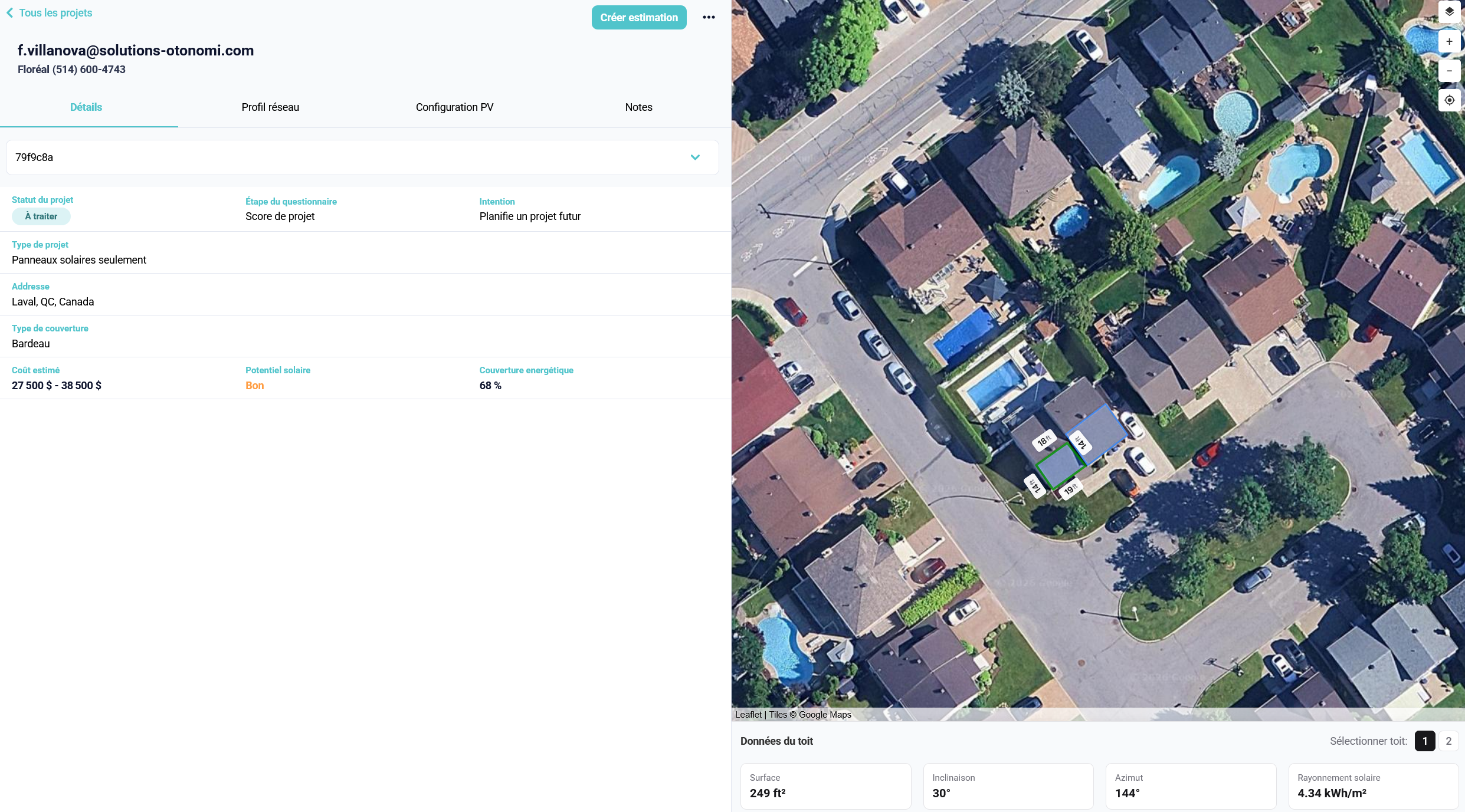 Step 2 — Project evaluation in Otonomi DX: client details, automatic pre-calculations and aerial roof view