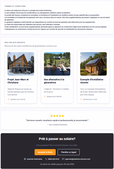 Proposal page 3 — Hydro-Québec rebate, recent projects and signature
