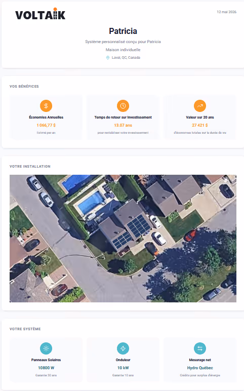 Page 1 of an Otonomi DX proposal — Patricia, Laval QC: annual savings, ROI, 20-year value and aerial roof view