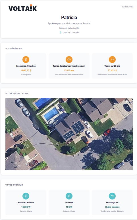 Page 1 of an Otonomi DX proposal — Patricia, Laval QC: annual savings, ROI, 20-year value and aerial roof view