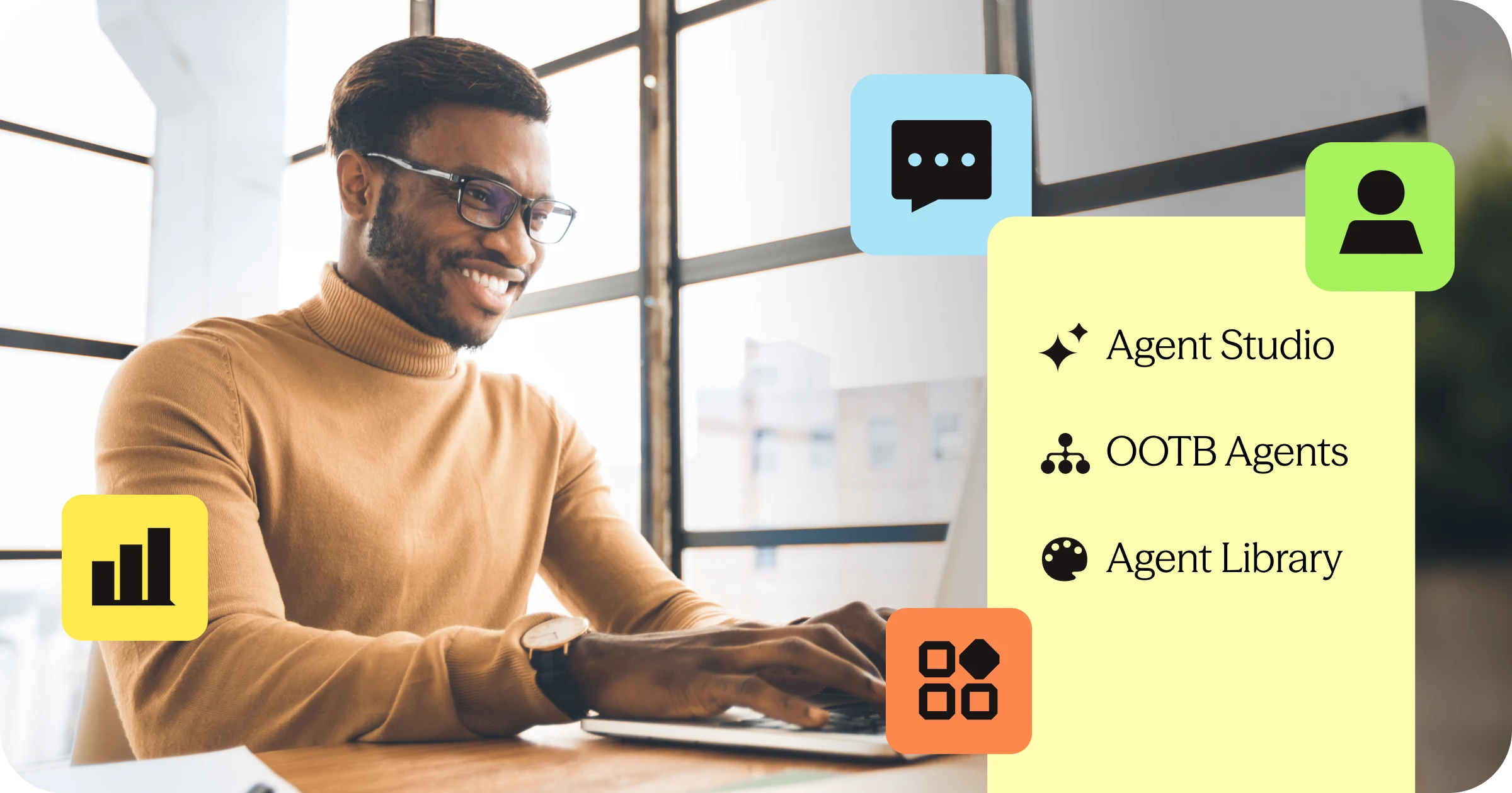 Smiling man in glasses and tan turtleneck typing on a laptop with icons and text about Agent Studio, OOTB Agents, and Agent Library.