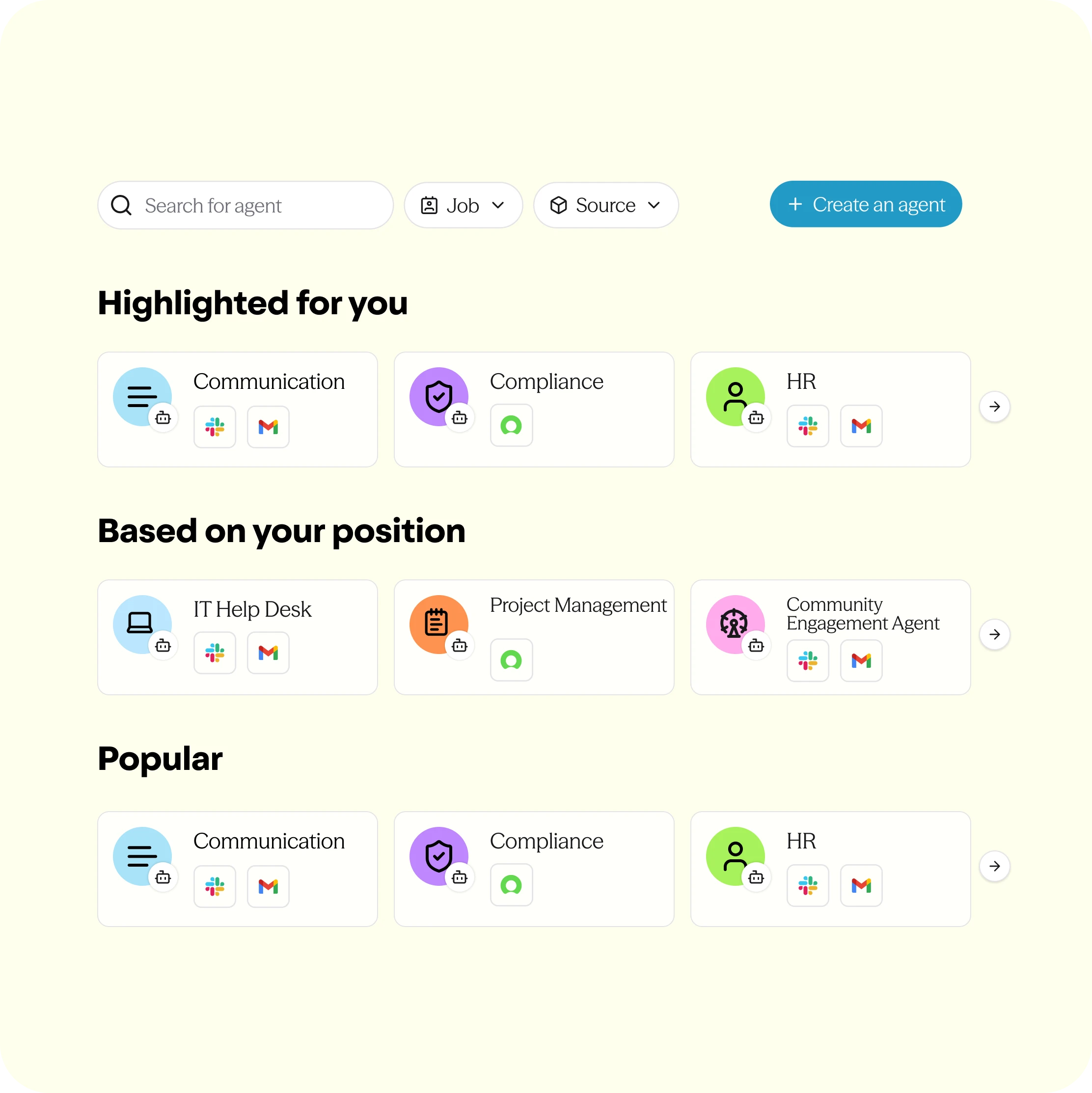 User interface showing a search bar with filters for job and source, a button to create an agent, and categorized agent options under Highlighted for you, Based on your position, and Popular.