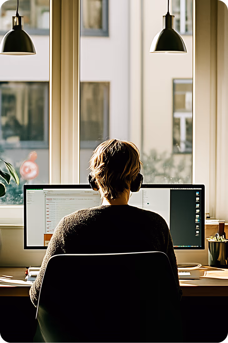 Person wearing headphones working on a computer with dual monitors in front of a window during daytime.