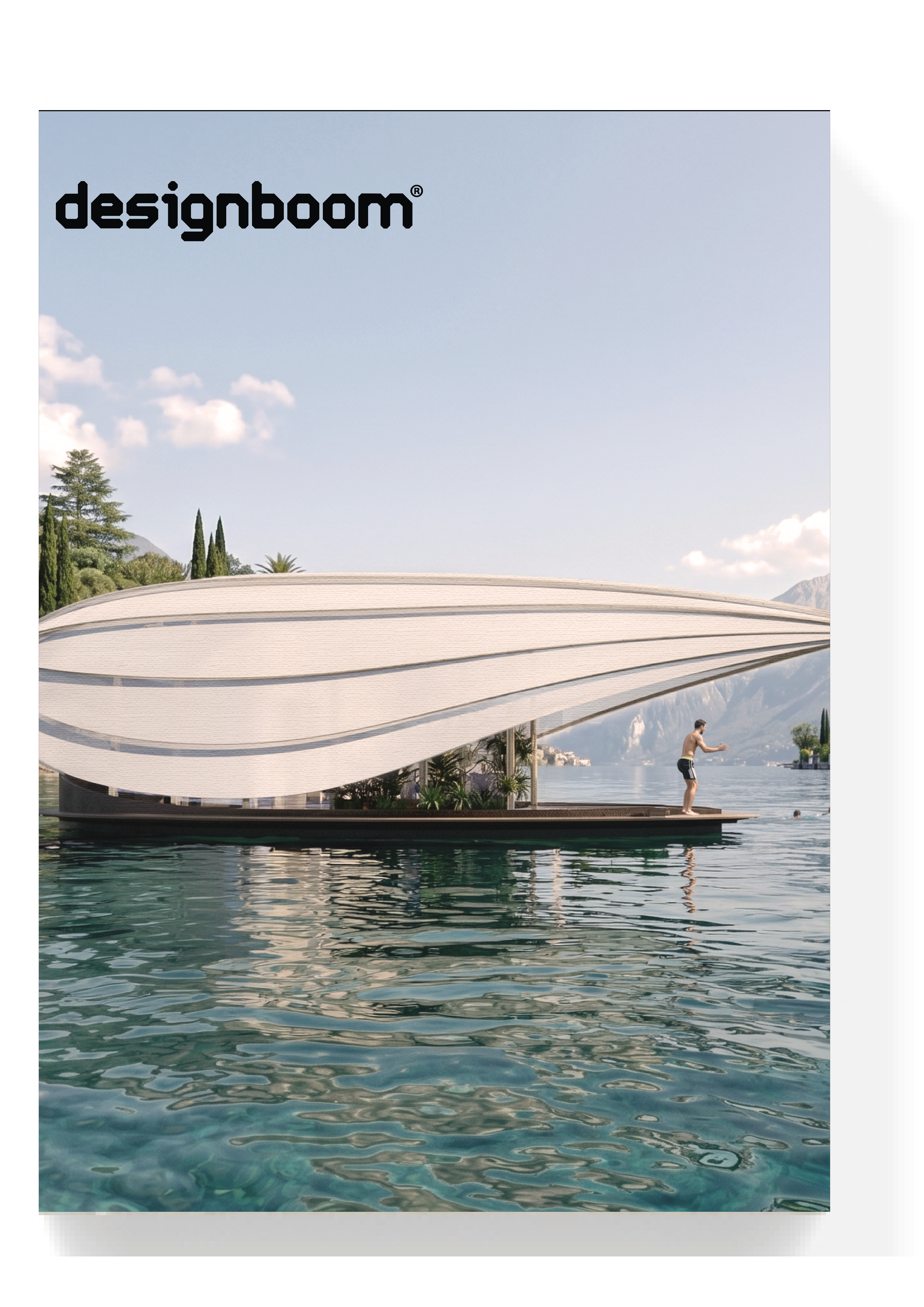 LUCIA: sculptural foldable roof shields white floating micro-home drifting across lake como