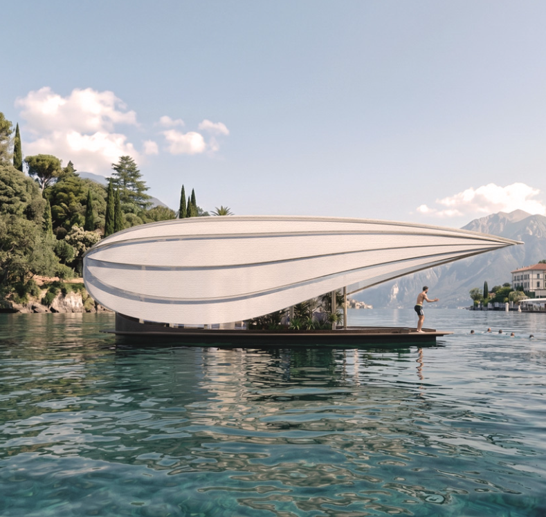 LUCIA: sculptural foldable roof shields white floating micro-home drifting across lake como