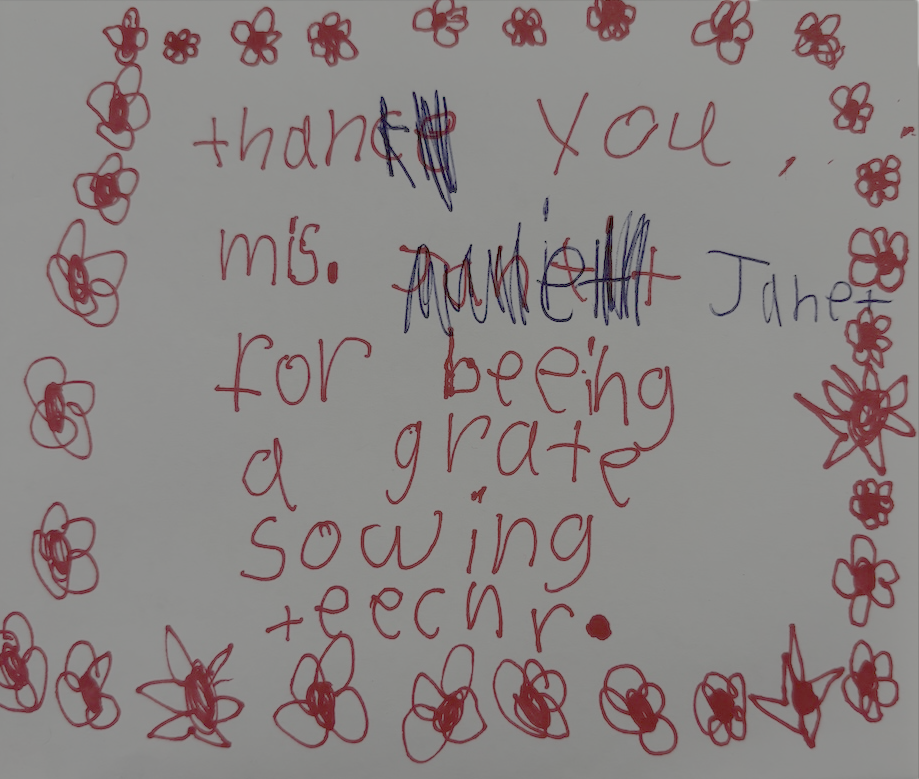 Handwritten thank you note with red flower doodles around the border, reading: 'thank you, Ms. Janet, for being a great sewing teacher' with some crossed-out words.