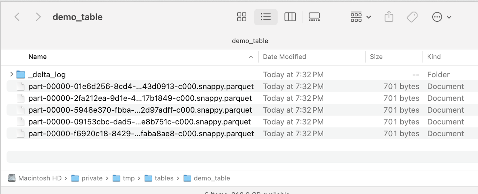 File explorer window displaying a folder named 'demo_table' containing Delta Lake files. Inside the folder are Parquet files with names starting with 'part' followed by unique identifiers, ending with '.snappy.parquet'. There is also a subfolder labeled '_delta_log' indicating it holds Delta Lake metadata.