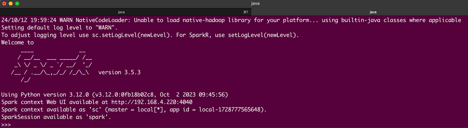 Terminal displaying Apache Spark startup log. It shows a warning about missing native Hadoop libraries, Spark version 3.5.3, and Python version 3.12.0. Information about the Spark context Web UI and available sessions is also visible.