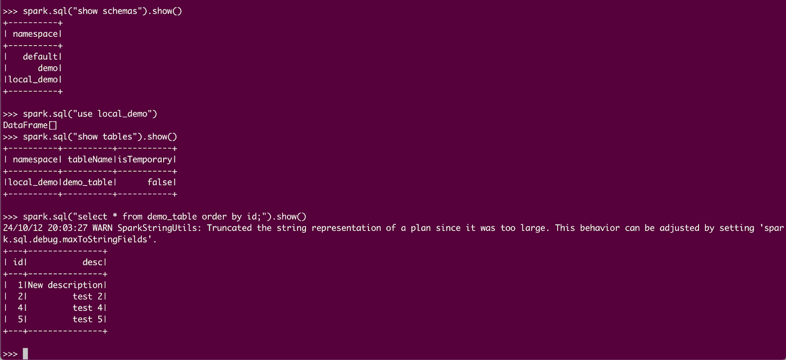 Terminal commands in Spark SQL, showing schemas, setting a database, displaying tables, and selecting data from 'demo_table' ordered by 'id.' A warning about truncated string representation appears for large plan output.