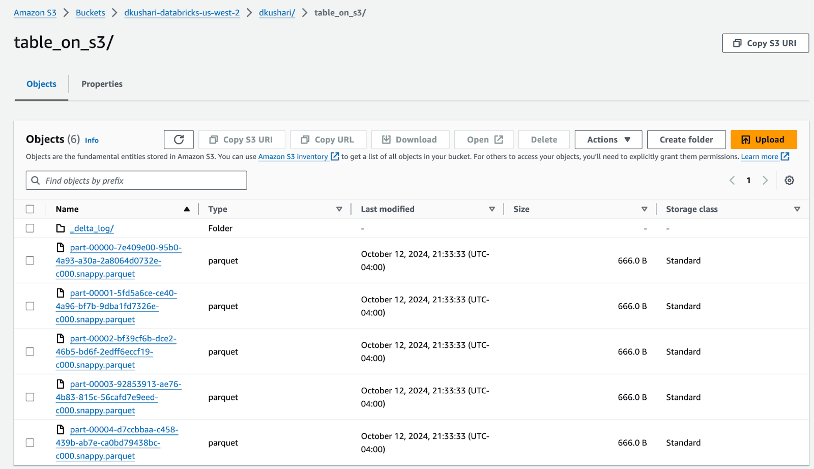 Amazon S3 bucket interface showing the contents of the folder 'table_on_s3' in the 'dkushari' bucket. The folder contains a '_delta_log' subfolder and several Parquet files with unique names, each approximately 666 bytes in size, last modified on October 12, 2024.