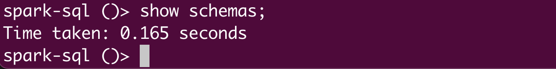 Terminal output for Spark SQL command show schemas;, displaying only execution time without listing schemas.