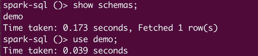 Terminal output showing Spark SQL commands to display schemas, listing only 'demo' schema with execution time, followed by a command to use the 'demo' schema.