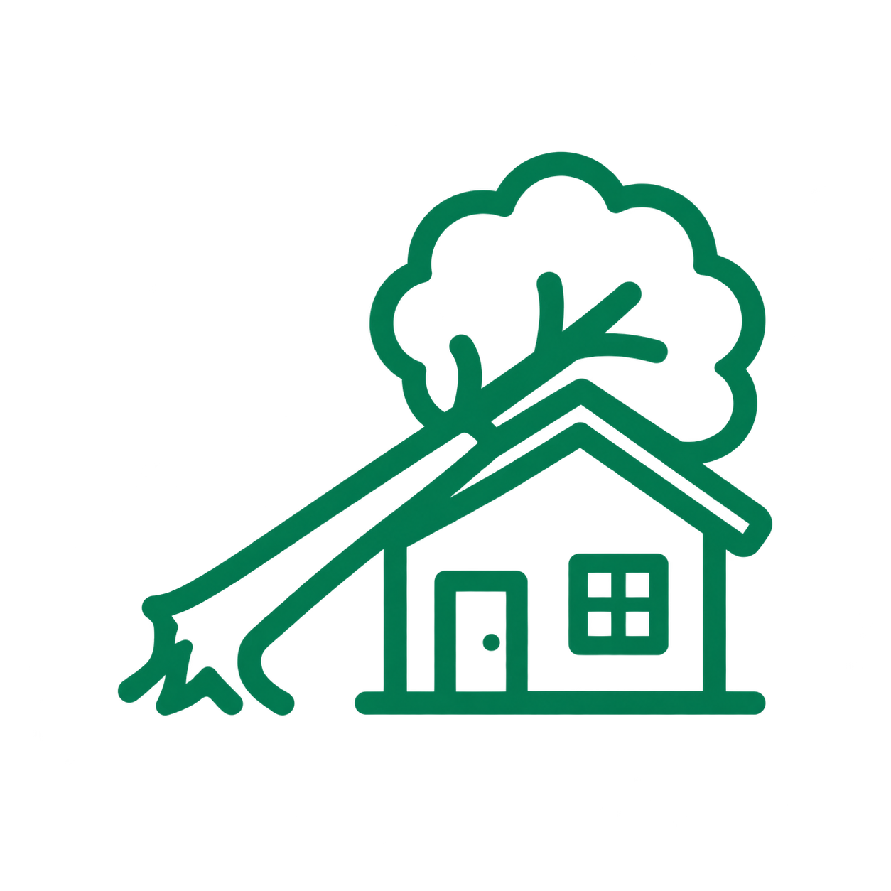 Icon of a house with a tree fallen diagonally over its roof, symbolizing tree damage or hazard to property.