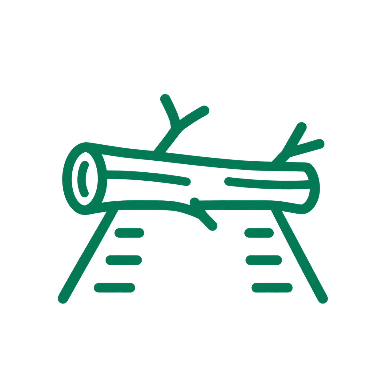 Simple green line icon of a fallen tree trunk with branches lying across a road.
