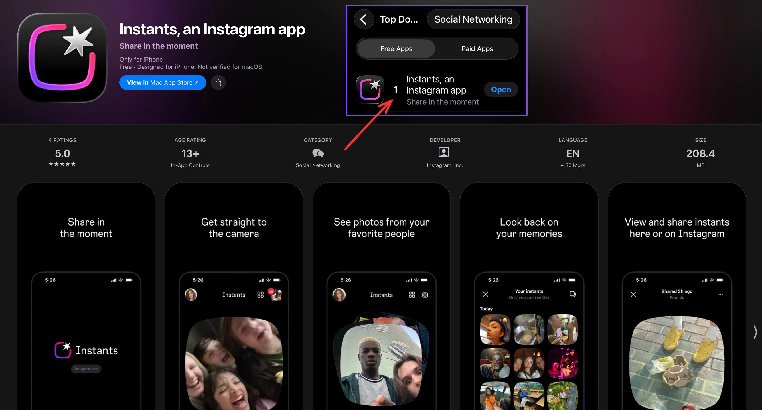App Store Screenshot of Instants app, #1 in Social Networking