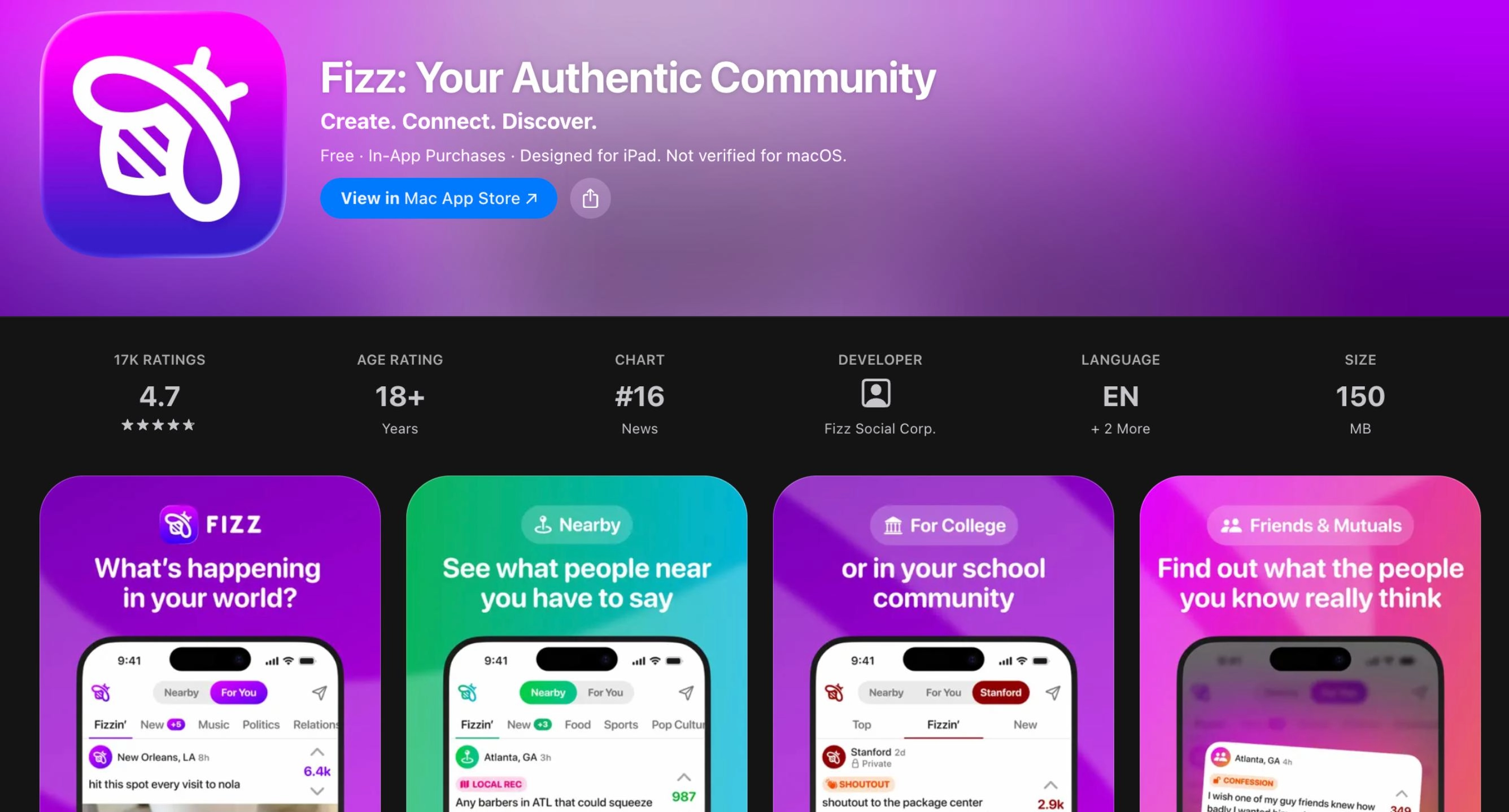Apple App Store Listing for Fizz. Rated 18+