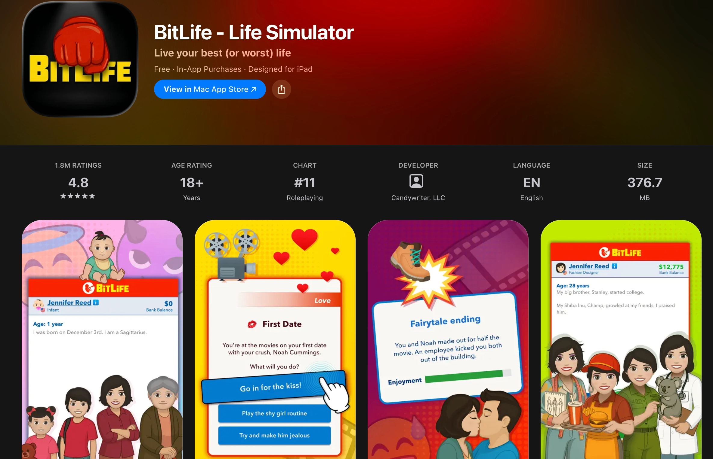BitLife Apple App Store Listing, Rated 18+