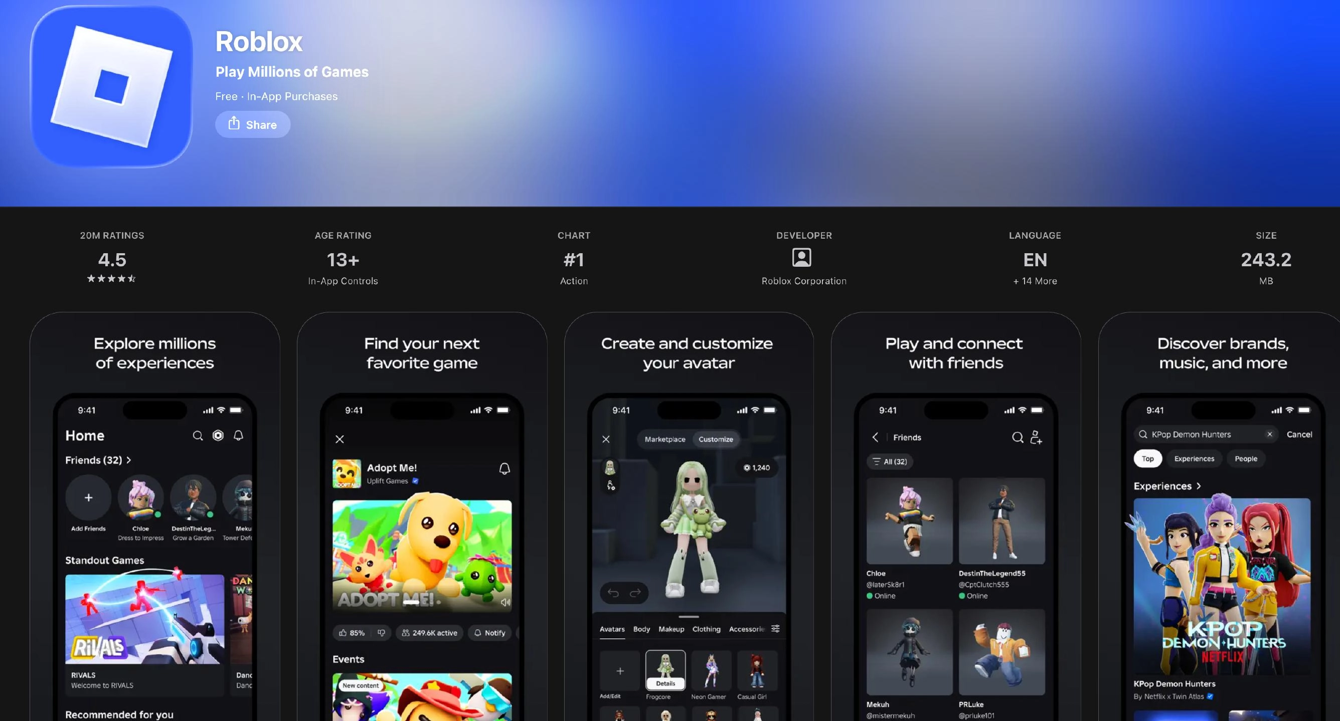 Apple App Store Listing for Roblox #1 in Action