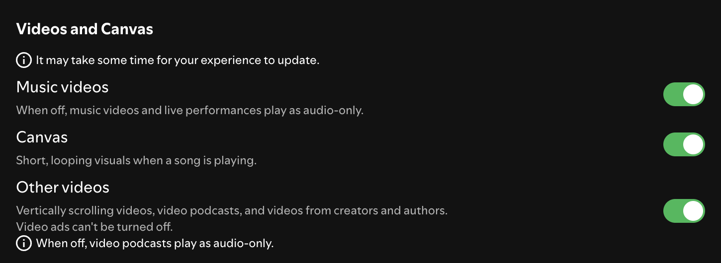 Videos and Canvas Toggles on Spotify. Disable Music Videos, Canvas (looping videos), and all other videos.