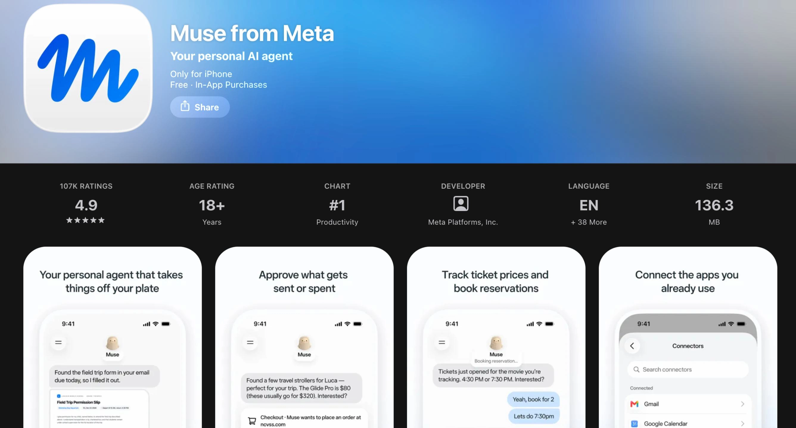 Apple App Store Listing for Muse. Number 1 in Productivity.