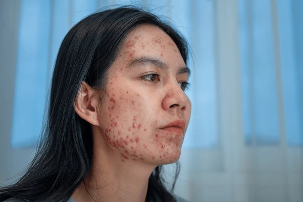 Woman with cystic acne on her face. 