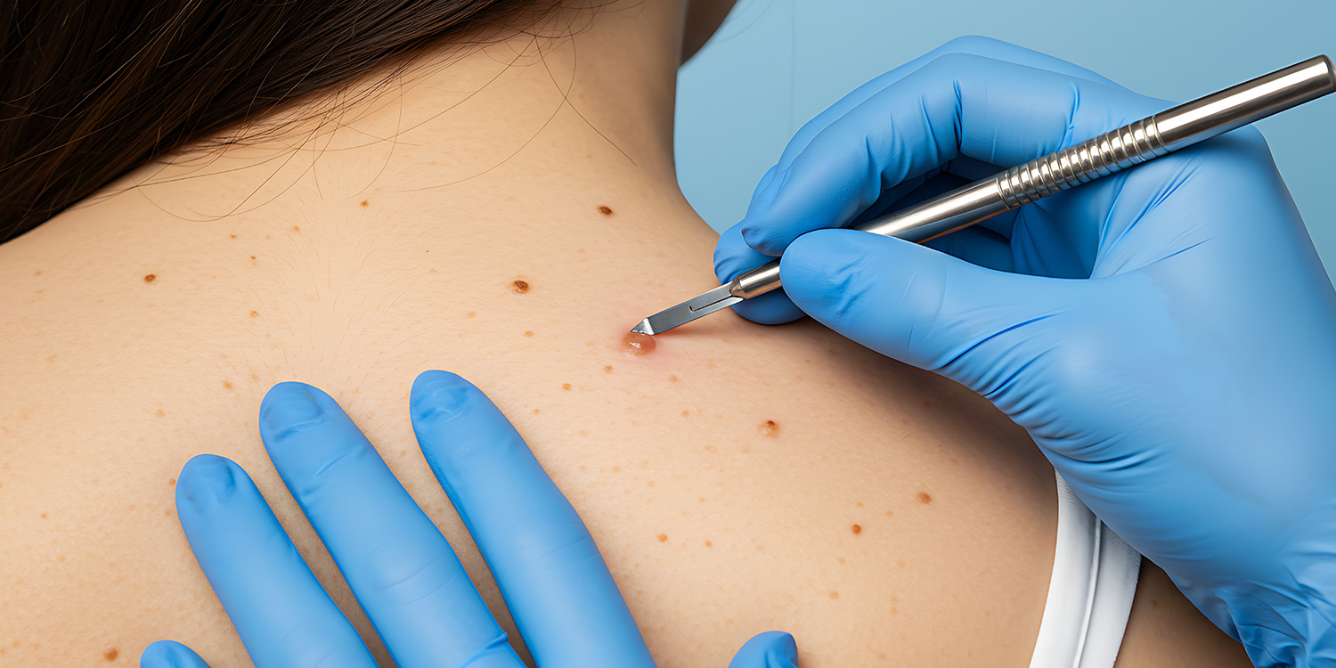 Dermatologist performing a skin biopsy on a mole using a surgical blade.