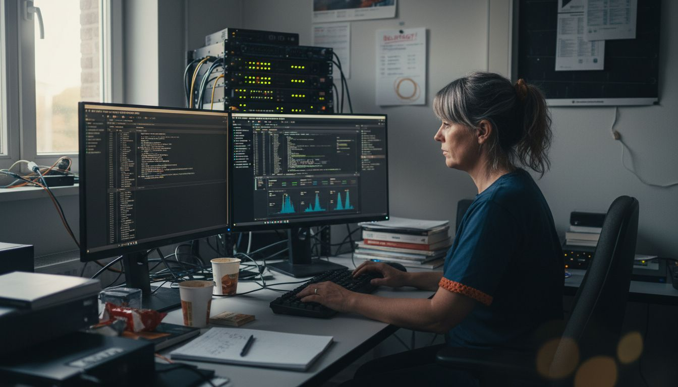 Een vrouw houdt de serverlogs in de gaten met behulp van een checklist terwijl ze aan de router werkt.