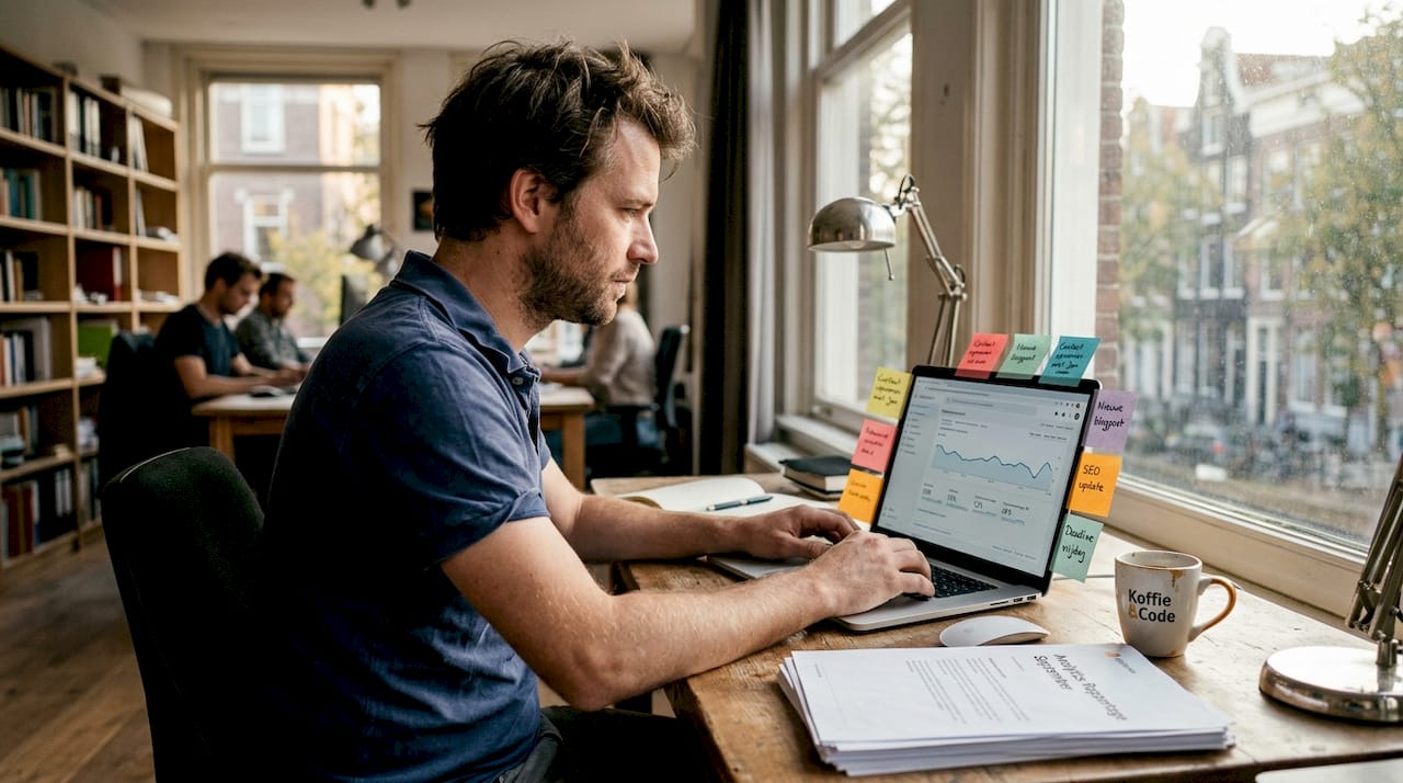 Een webmaster die de prestaties van de website analyseert via het dashboard.