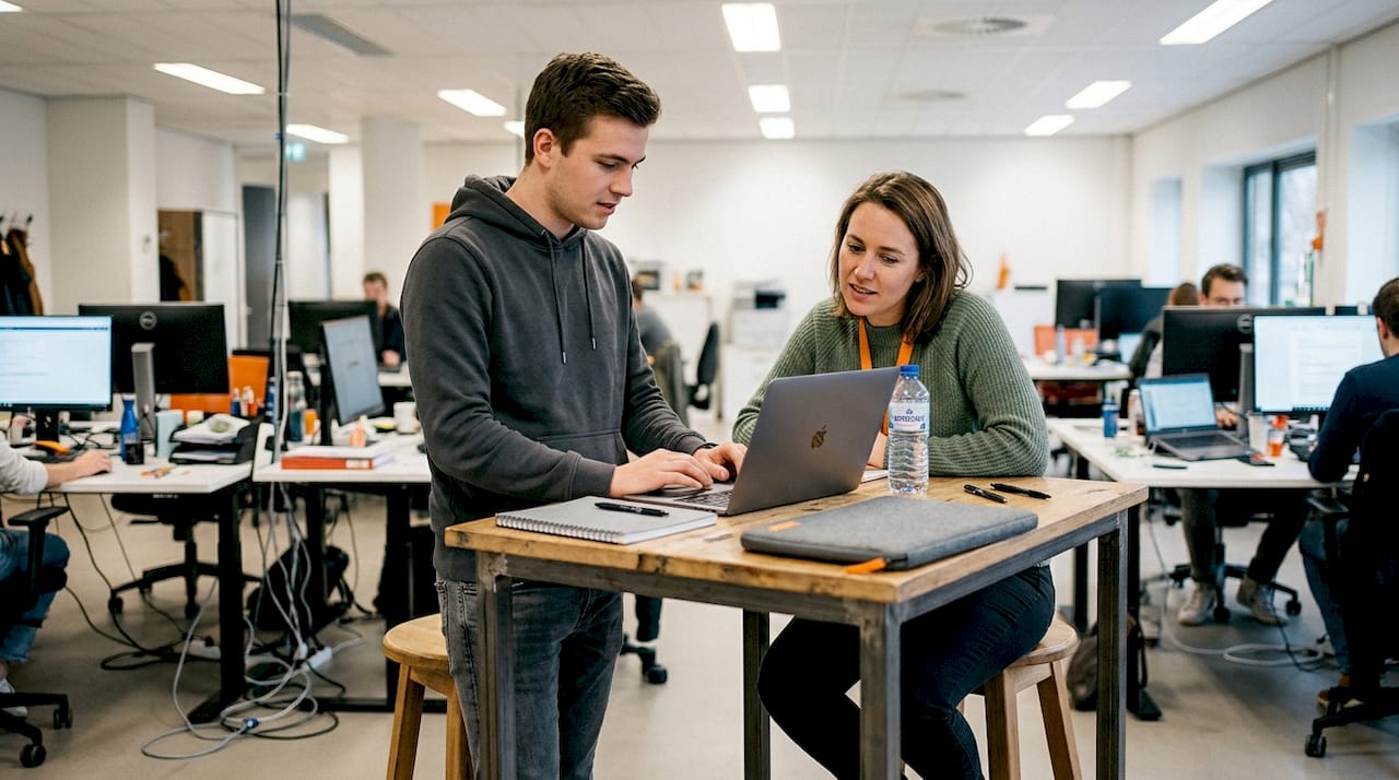 Teamleden beoordelen het webdesign op hun laptop