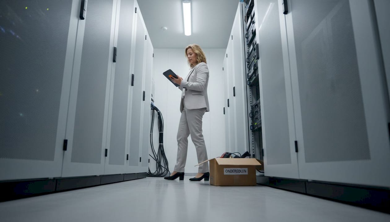 Een vrouwelijke ondernemer houdt toezicht op de servers in haar kantoor.