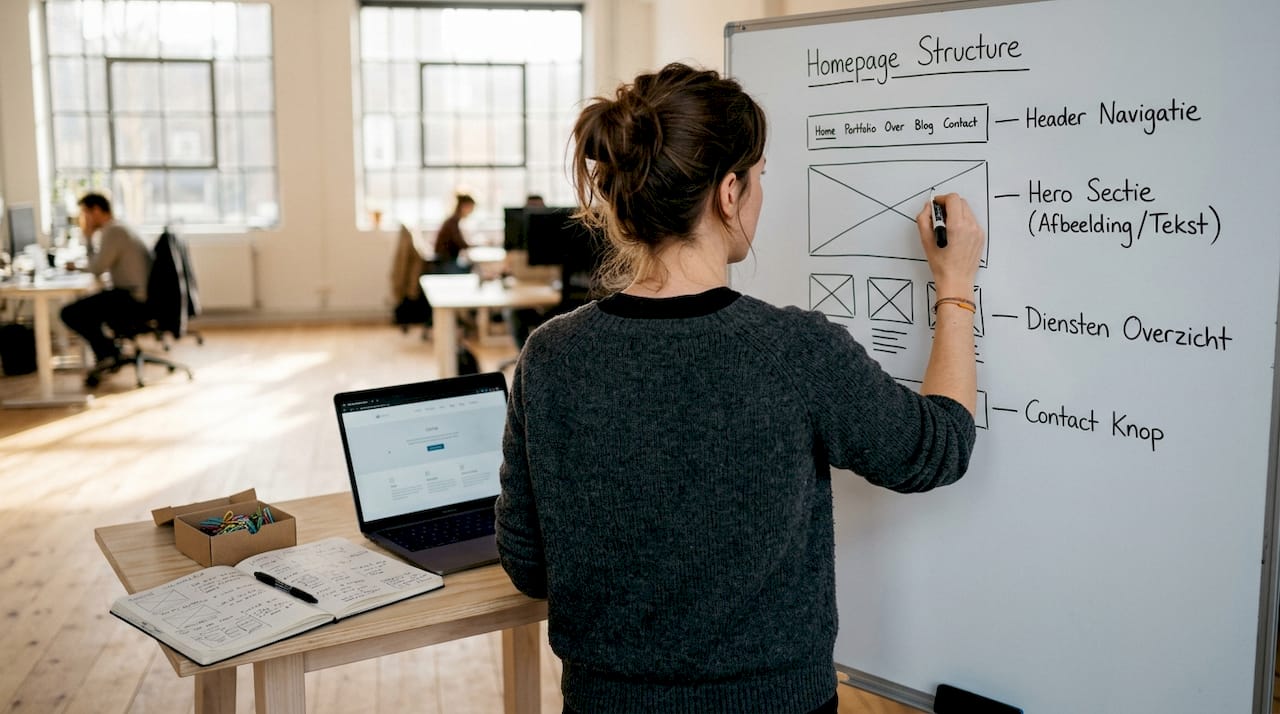 Een designer werkt aan de eerste schetsen van de website, oftewel de wireframes.