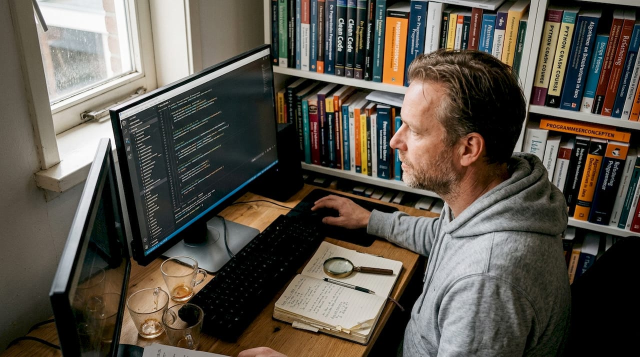 Man verdiept zich in code op zijn werkplek in de kantoortuin