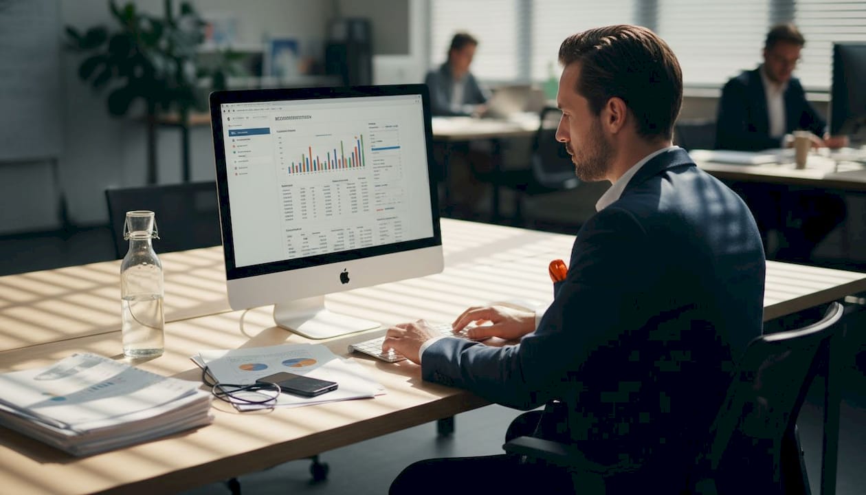 Een ondernemer uit het mkb analyseert webstatistieken achter zijn bureau.