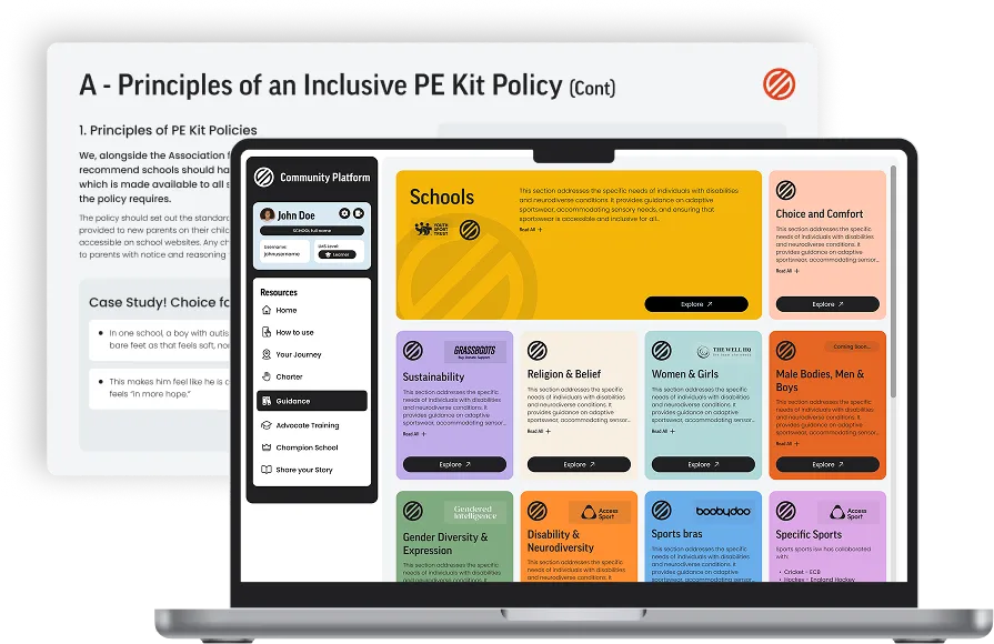 Laptop showing a platform with sections on inclusive PE policies covering schools, gender, disability, and sports topics.