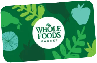 כרטיס מתנה של Whole Foods Market עם איורי פירות ועלים ירוקים.