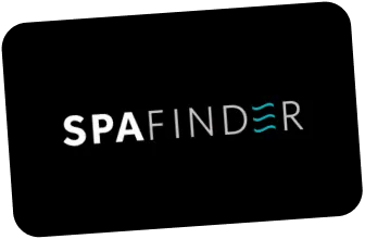 הלוגו של SpaFinder עם טקסט לבן וגלים כחולים על רקע שחור.