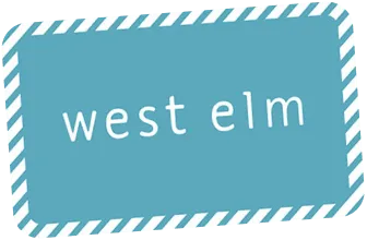 הלוגו של West Elm על רקע כחול עם מסגרת פסים לבנה.