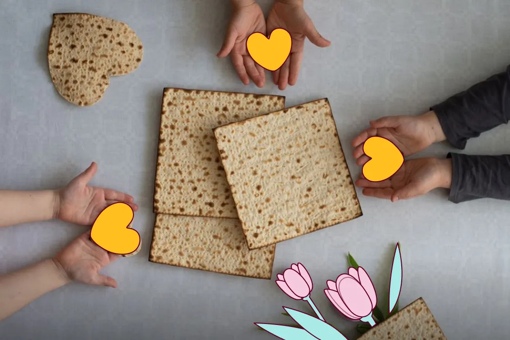 ידיים מושטות סביב חמישה חתיכות מצה, כולל לב מצה וצמחייה קישוטית.