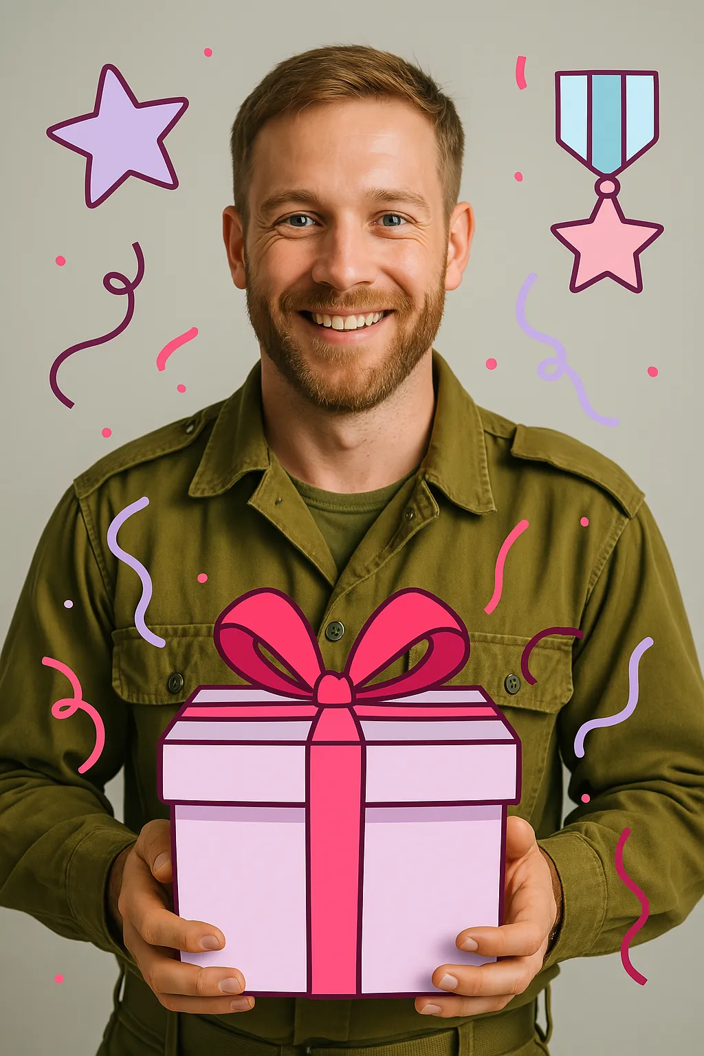 חייל מחייך מחזיק מתנה עם קישוטים של כוכב, מדליה וקונפטי בצבעים ורוד וסגול.