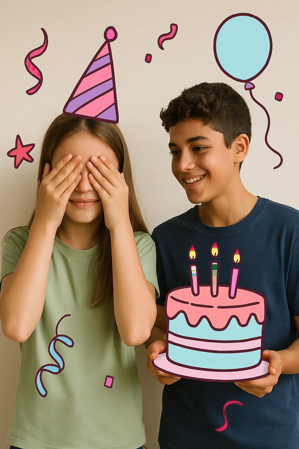 נער מחייך מחזיק עוגת יום הולדת עם נרות, ילדה סוגרת עיניים מחכה להפתעה.