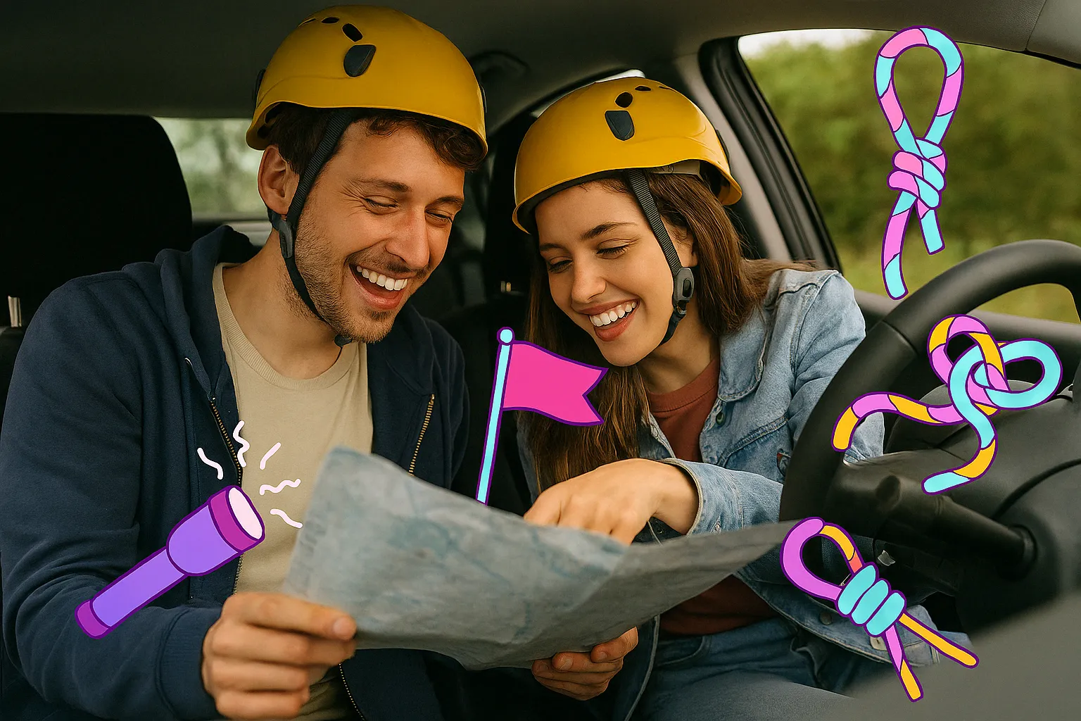 זוג עם קסדות צהובות יושבים ברכב וצוחקים תוך בחינת מפה עם איורי פנסים ודגלים צבעוניים.