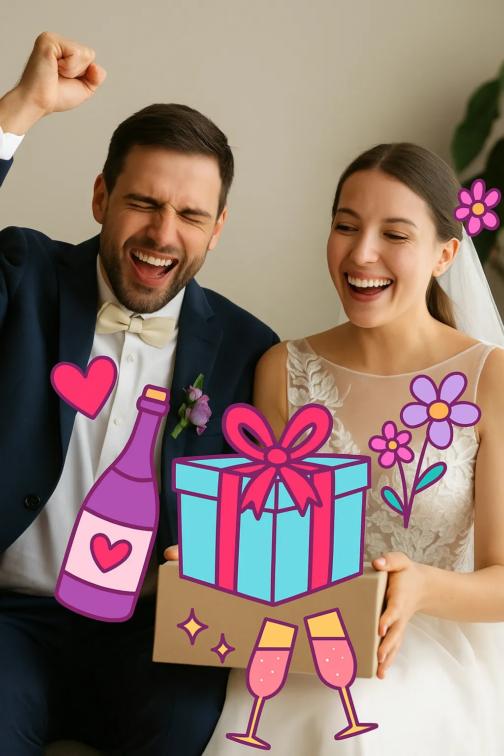 חתן וכלה שמחים עם מתנה בחדר, מקושטות באיורים של בקבוק יין, לב, פרחים וכוסות שמפניה